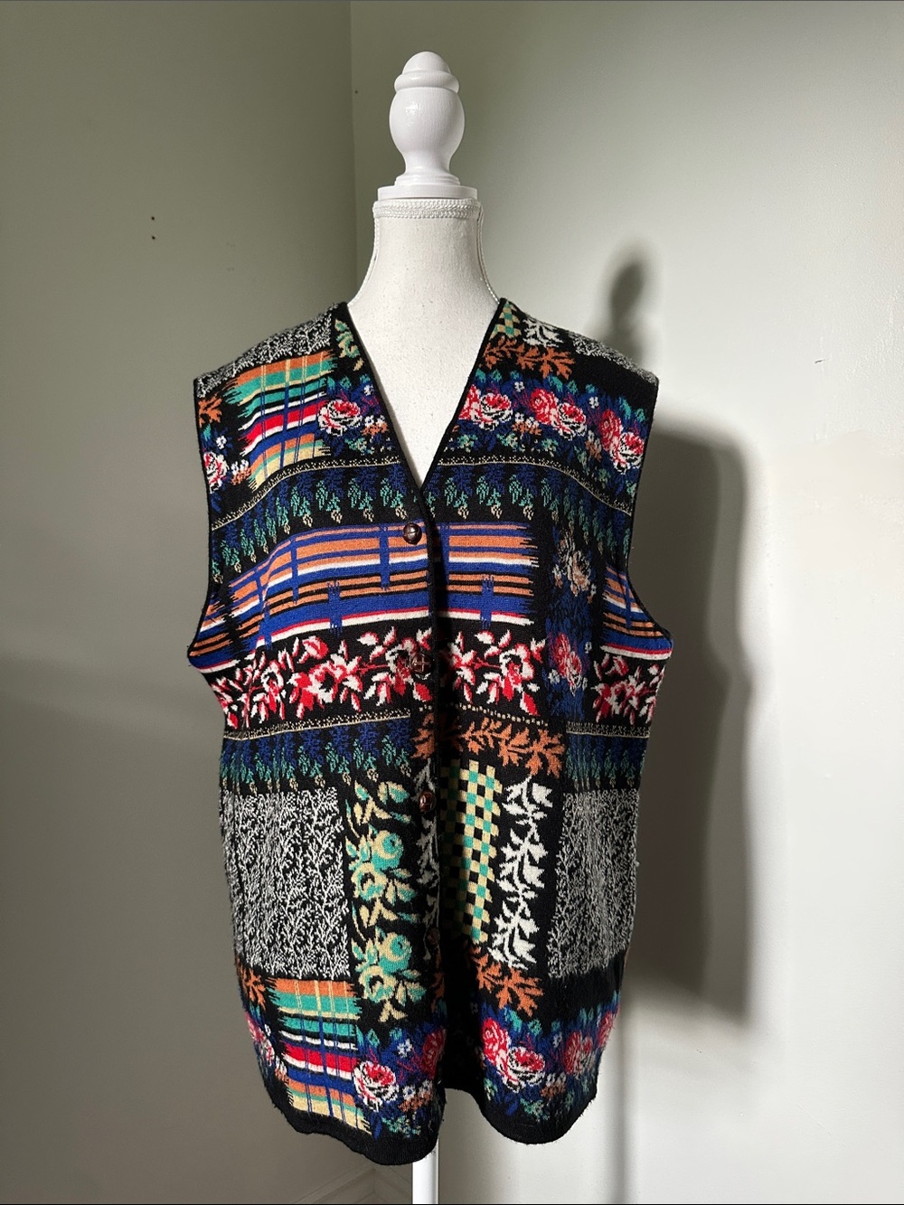 JOYE + FUN Vintage Wool Blend Colourful Retro Grandma Mixed Print Vest XL